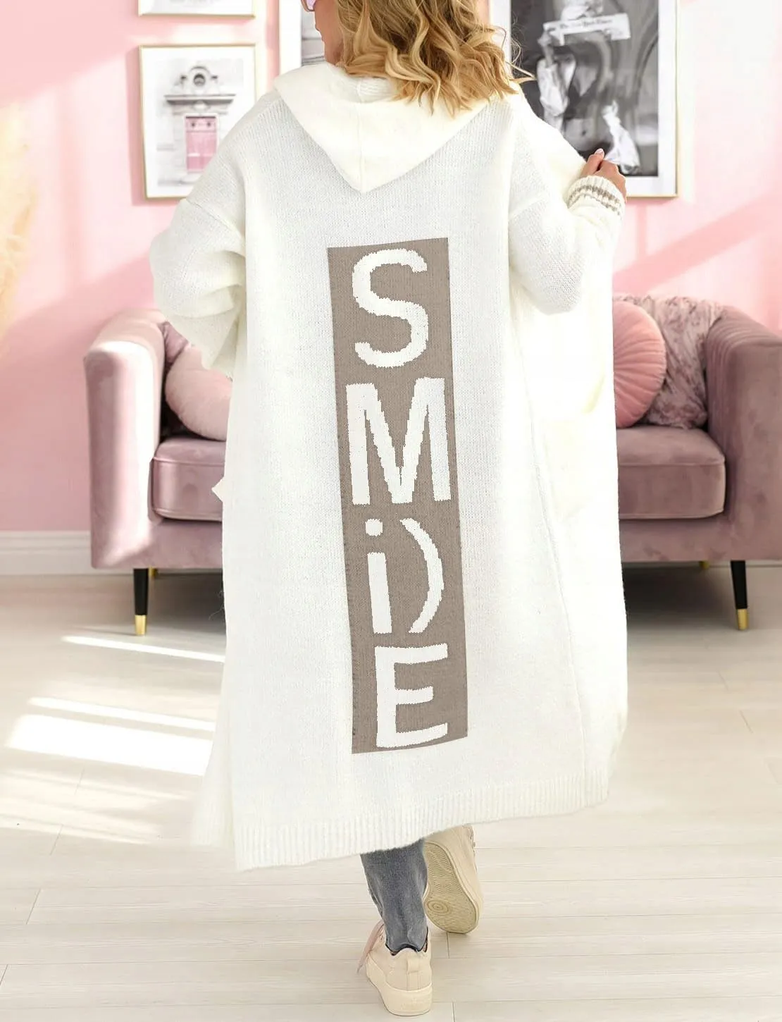 chouyatou Women's Smile Graphic Pattern Hooded Long Cardigan Color Block Open Front Hoodie Cardigan Sweaters