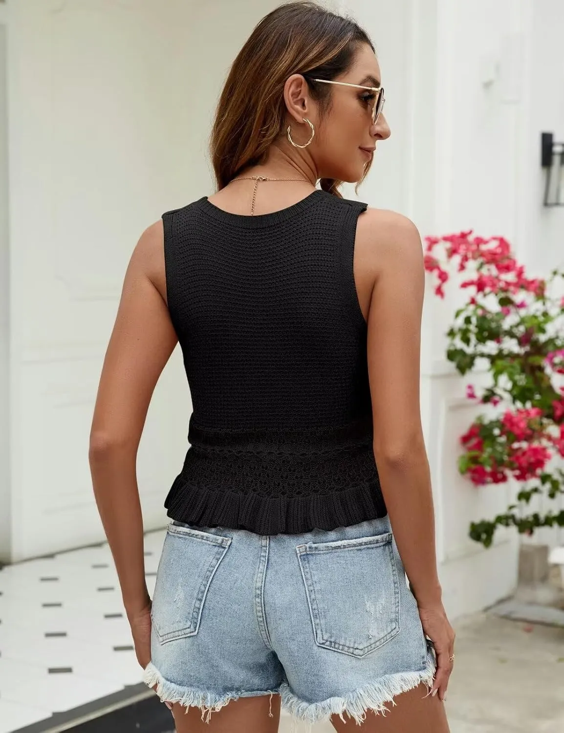 CiCiBird Women Cute Crop Sweaters Vest Knit Sleeveless Pullover Tops Crochet Ruffle Hem Tank