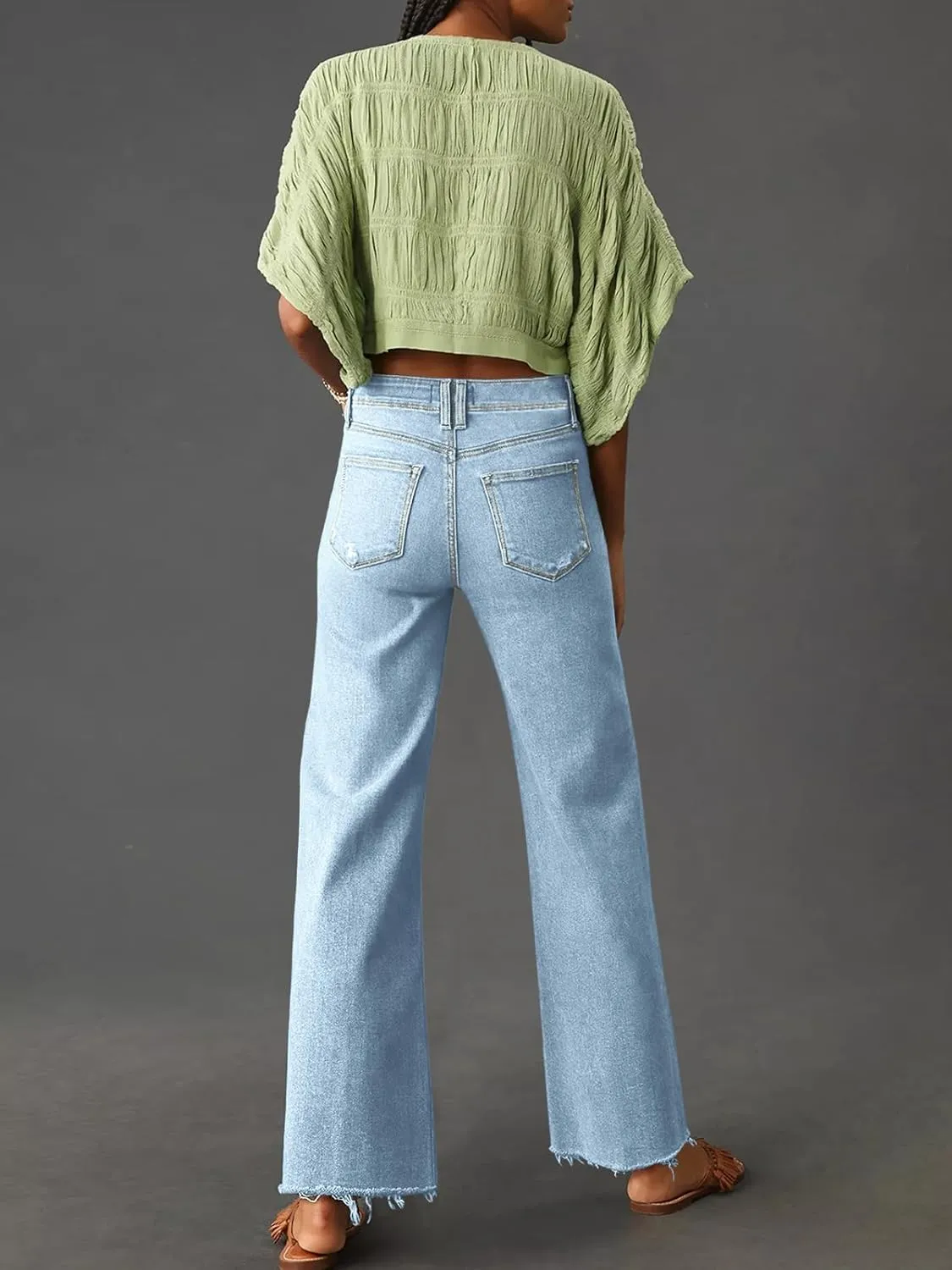 Cicy Bell Womens High Waisted Cropped Jeans Trendy Stretchy Baggy Straight Leg Raw Hem Capri Denim Pants