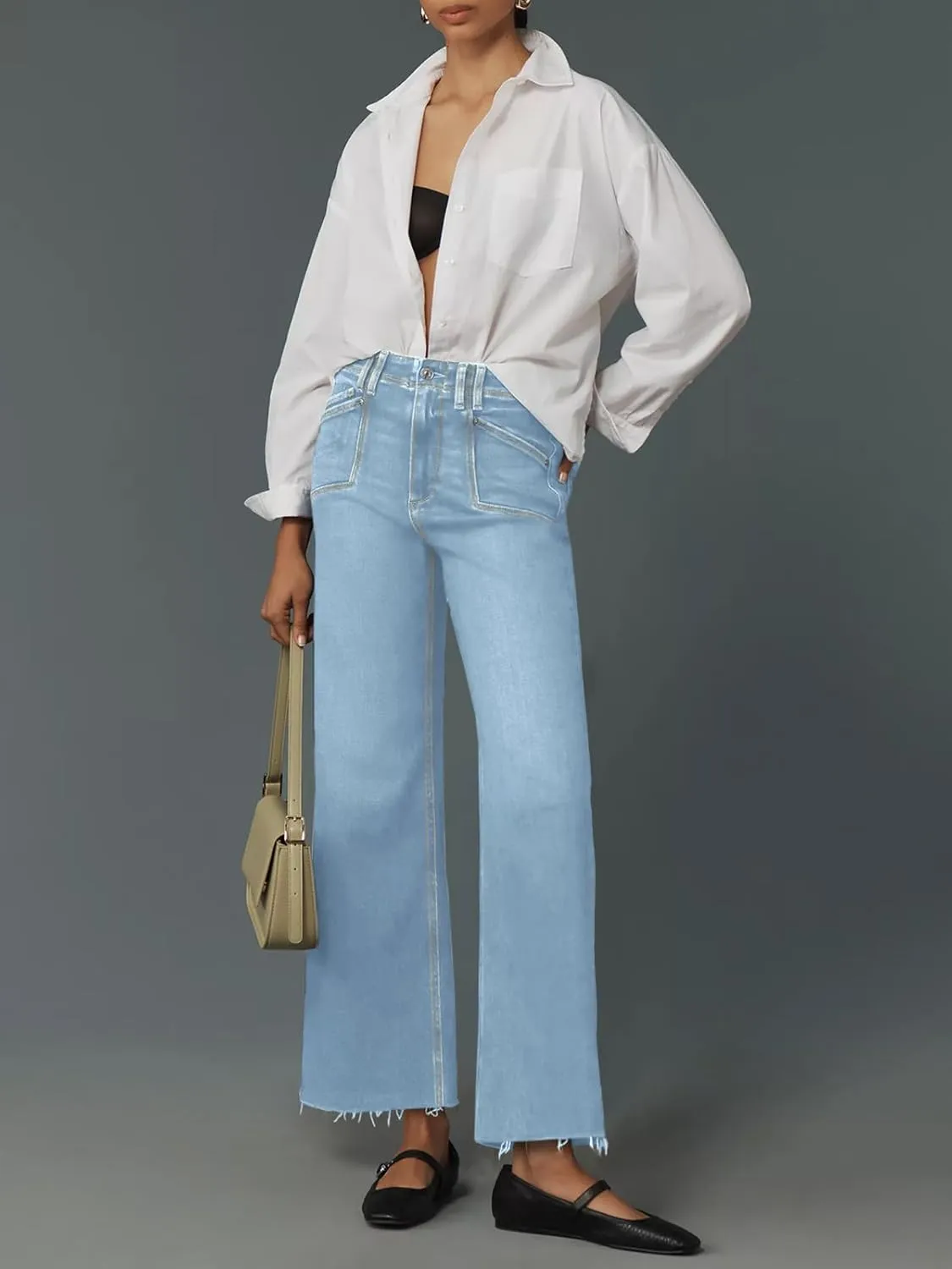 Cicy Bell Womens High Waisted Cropped Jeans Trendy Stretchy Baggy Straight Leg Raw Hem Capri Denim Pants
