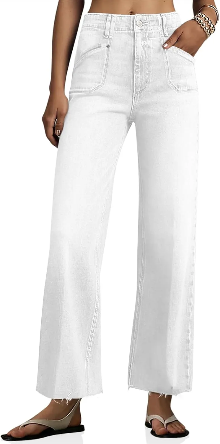 Cicy Bell Womens High Waisted Cropped Jeans Trendy Stretchy Baggy Straight Leg Raw Hem Capri Denim Pants