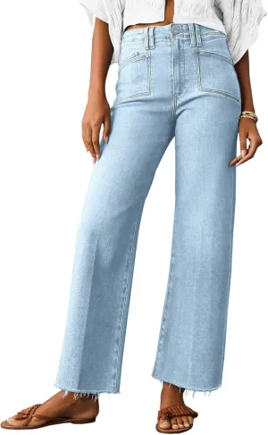 Cicy Bell Womens High Waisted Cropped Jeans Trendy Stretchy Baggy Straight Leg Raw Hem Capri Denim Pants