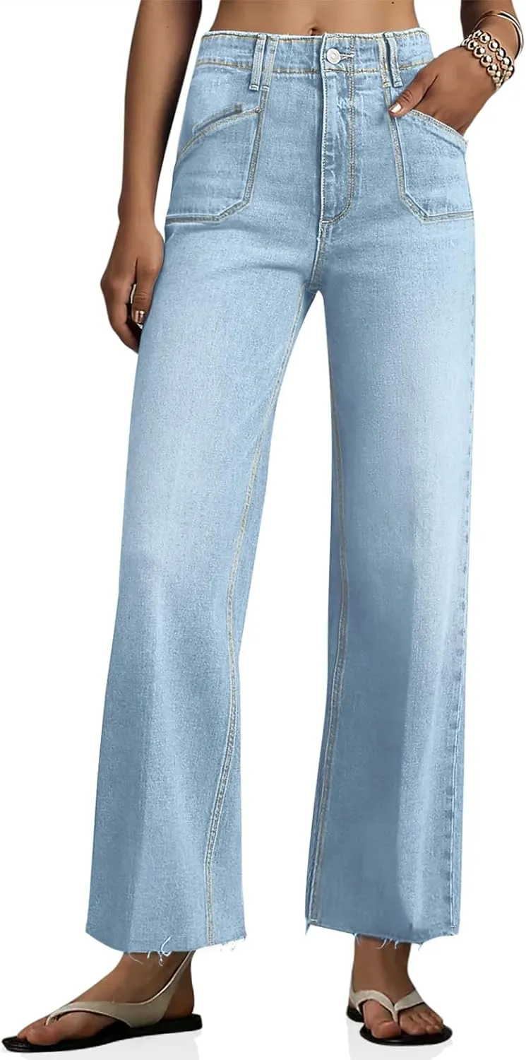 Cicy Bell Womens High Waisted Cropped Jeans Trendy Stretchy Baggy Straight Leg Raw Hem Capri Denim Pants