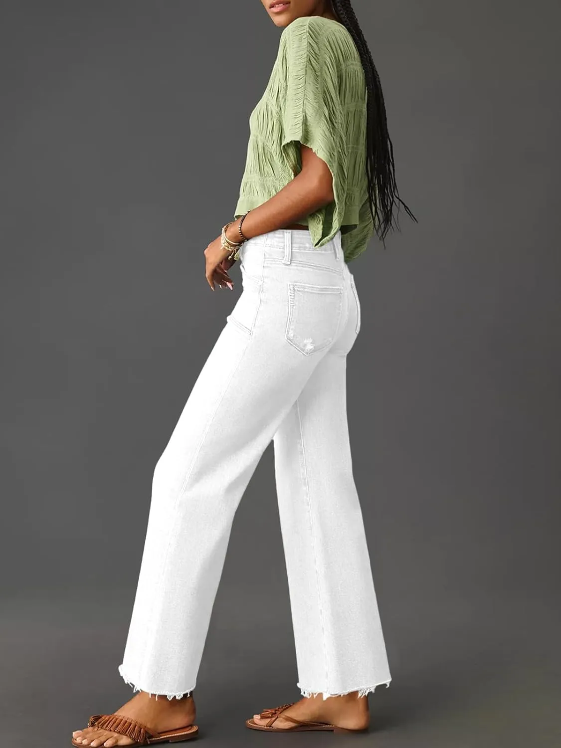 Cicy Bell Womens High Waisted Cropped Jeans Trendy Stretchy Baggy Straight Leg Raw Hem Capri Denim Pants