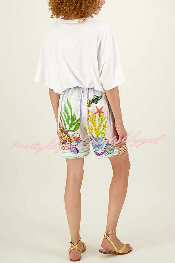 Coastal Seashell Satin Unique Print Pocket Loose Shirt and Elastic Waist Shorts Set