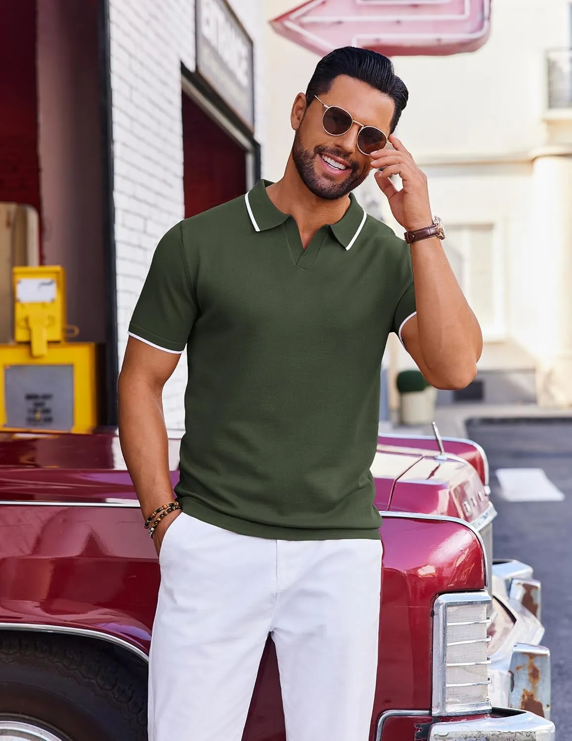 COOFANDY Mens Polo Shirts Short Sleeve Casual Knit Polo Shirt Vintage Golf T Shirts Old Money Tops