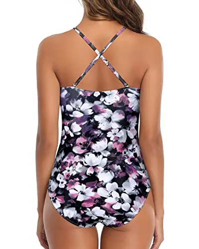 Criss Cross Women's High Neck Bathing Suit Tummy Control One Piece Swimsuit-Purple Floral