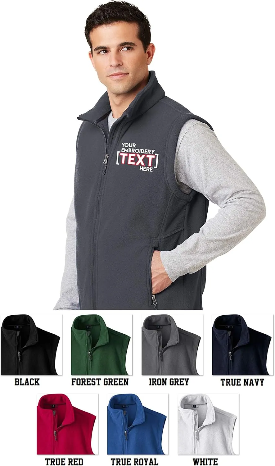 Custom Embroidered Fleece Vest for Men - Add Your Text - Embroidery Zip Up Sleeveless Jacket