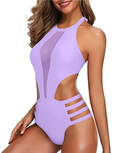 Cutout Halter High Neck Backless One Piece Swimsuit-Light Purple