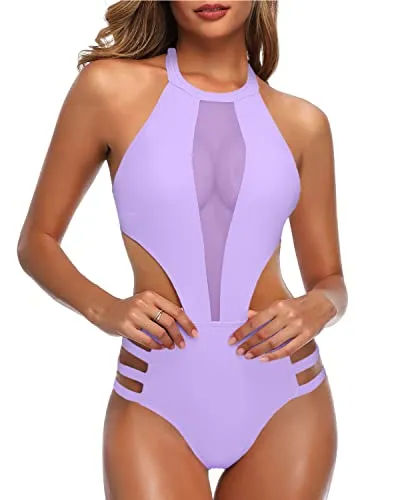 Cutout Halter High Neck Backless One Piece Swimsuit-Light Purple