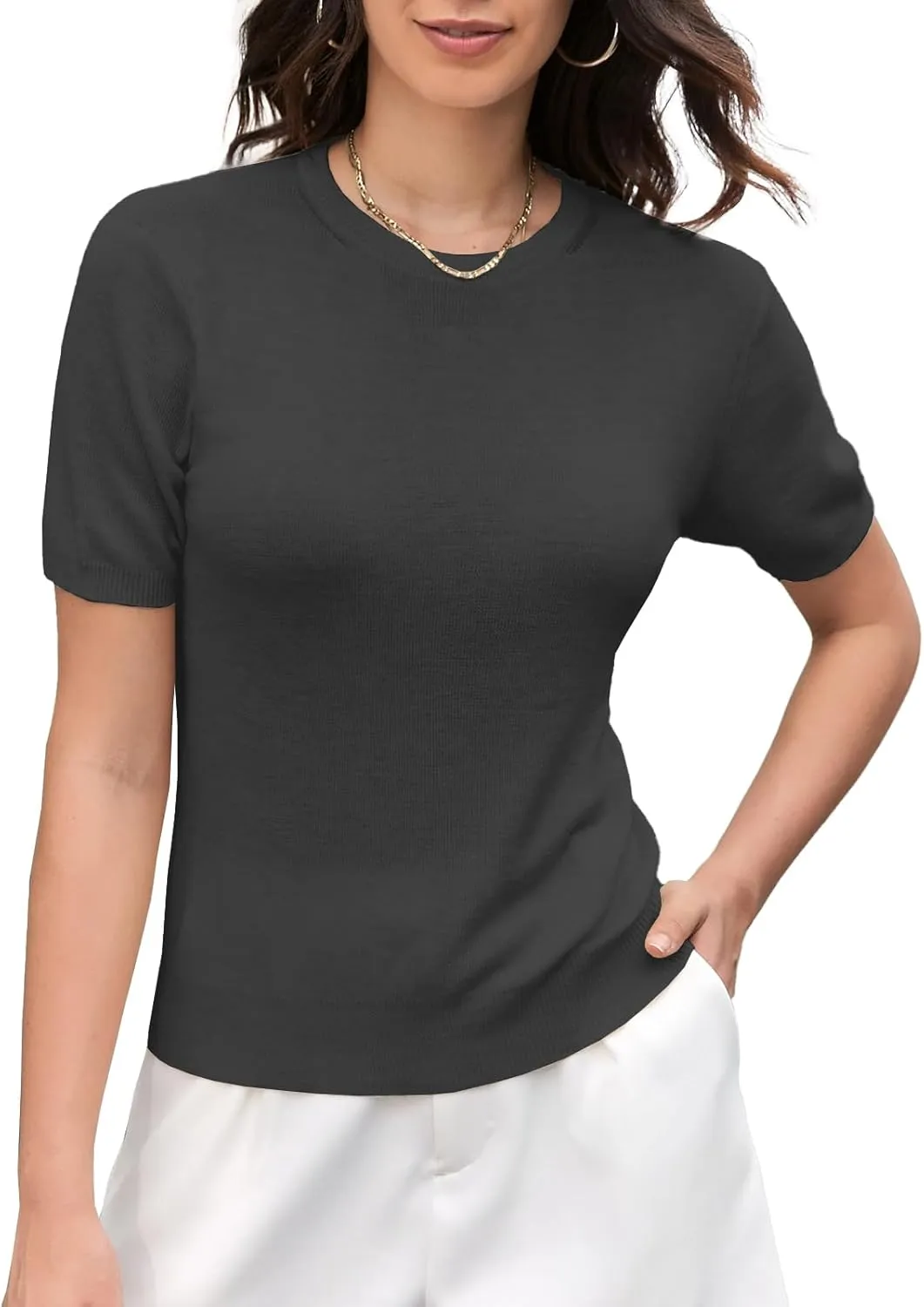 DAIMIDY Women's Short Sleeve Crew Neck Sweaters Lightweight Summer Sweater Casual Knit Pullover Tops