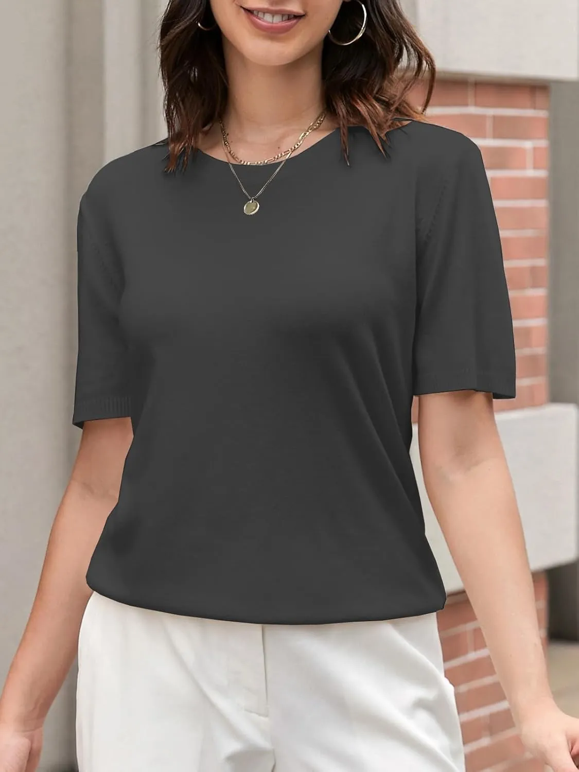 DAIMIDY Women's Short Sleeve Crew Neck Sweaters Lightweight Summer Sweater Casual Knit Pullover Tops
