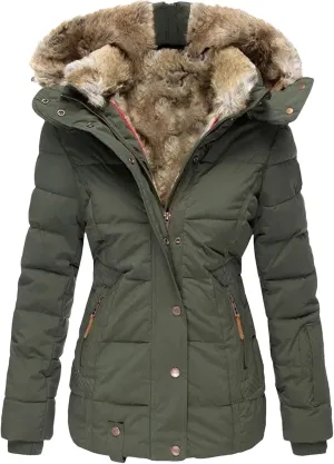 Dcvmvmn Women's Down Cotton Padded Jacket Winter Warm Wool Collar Cotton Coat Slim Fit Hooded Outwear