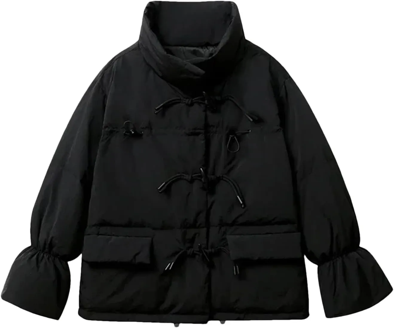 Dcvmvmn Women's Winter Cotton Coat Mock Neck Horn Button Thicken Cotton-Padded Jacket Loose Warm Outerwear Black