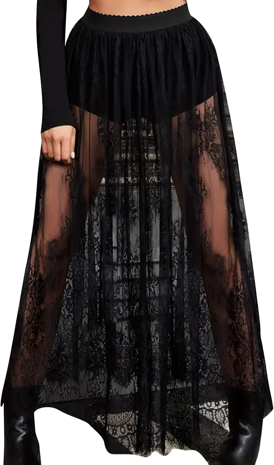 DDAPJ pyju Sexy Skirt for Women Sheer Mesh Floral Lace Gothic Skirt High Waisted Maxi Skirt Beach Cover-ups Y2K Streetwear