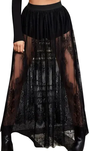 DDAPJ pyju Sexy Skirt for Women Sheer Mesh Floral Lace Gothic Skirt High Waisted Maxi Skirt Beach Cover-ups Y2K Streetwear