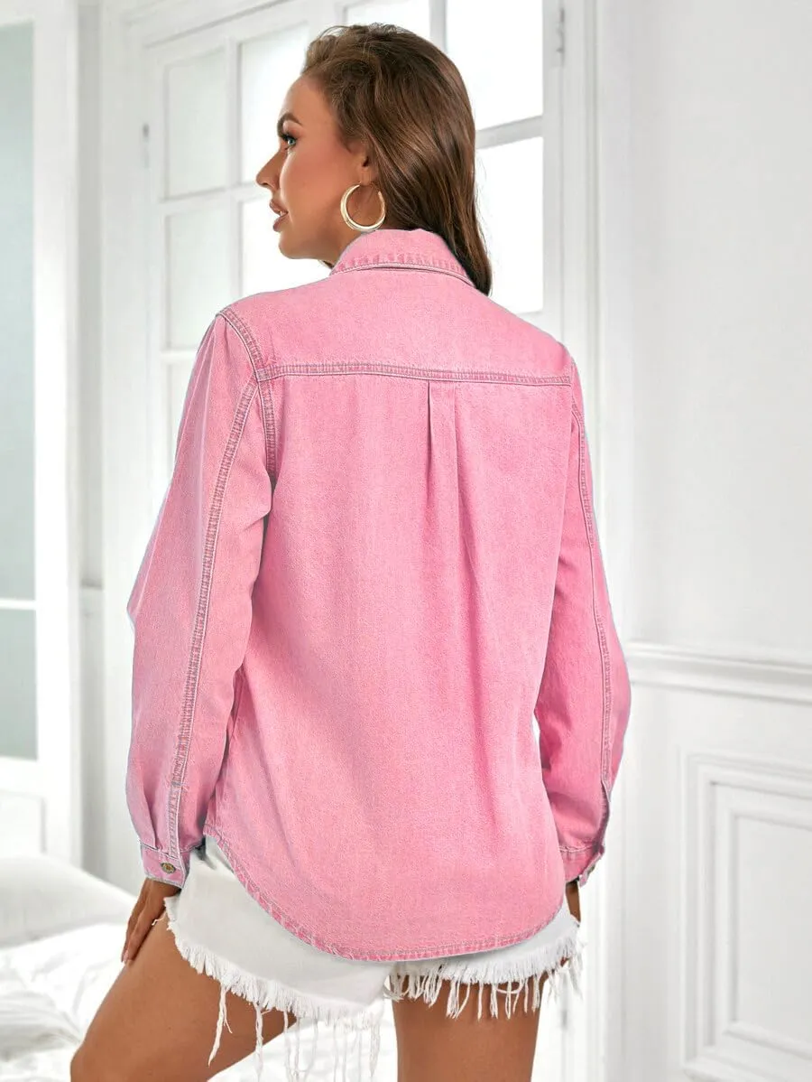 Denim Shirt Women Chambray Jean Western Shirts Long Sleeve Button Down Tops