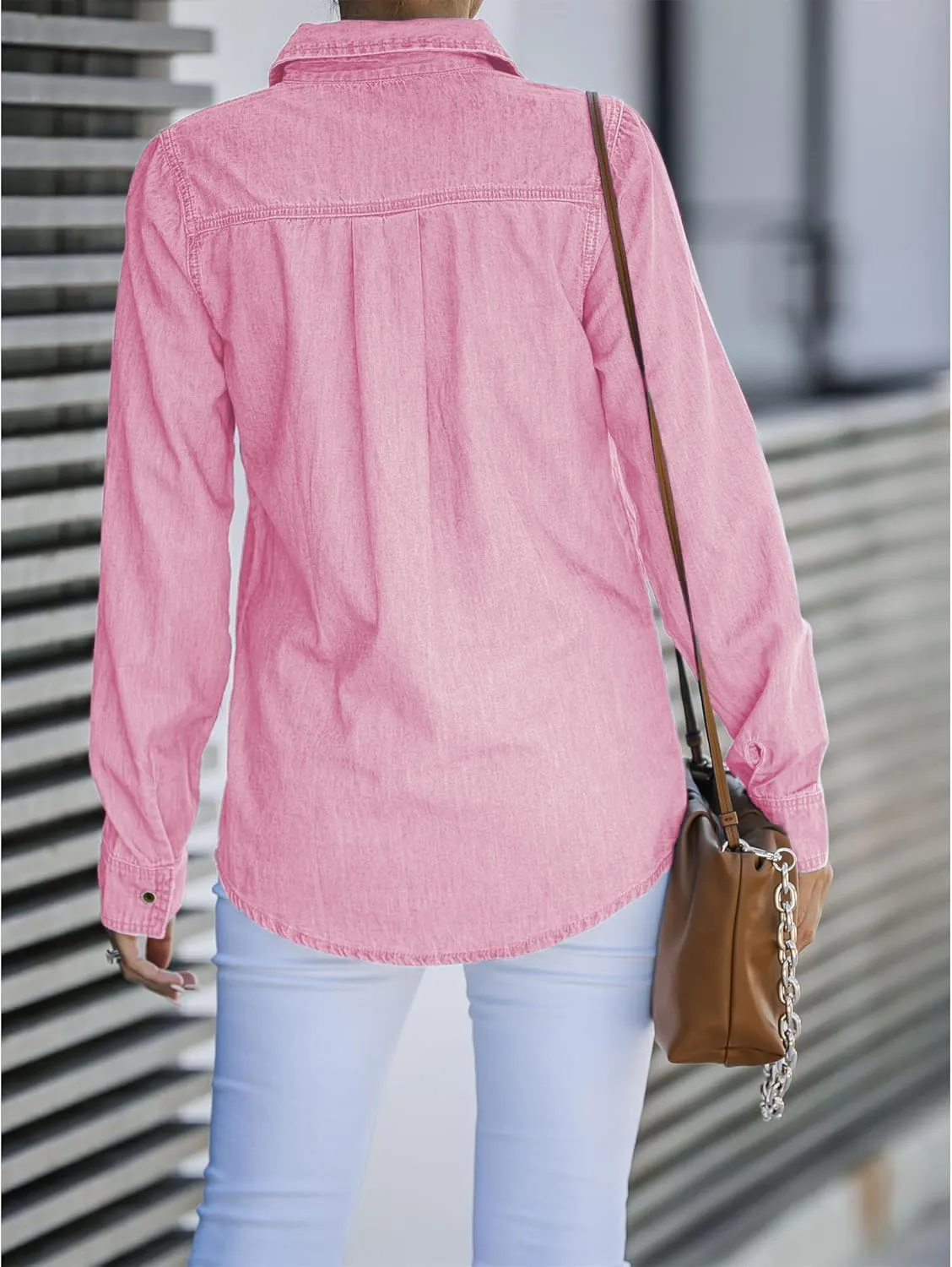 Denim Shirt Women Chambray Jean Western Shirts Long Sleeve Button Down Tops