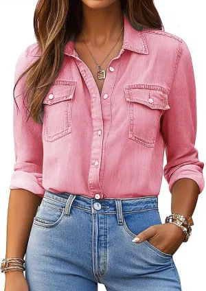 Denim Shirt Women Chambray Jean Western Shirts Long Sleeve Button Down Tops