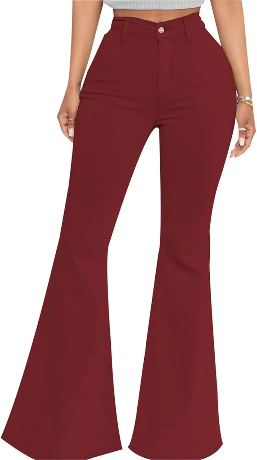 DGHM-JLMY Women's Slim Stretch Denim Flared Pants Fashion Skinny Bell Bottom Jeans High Waisted Straight Slim Fit Denim Pants