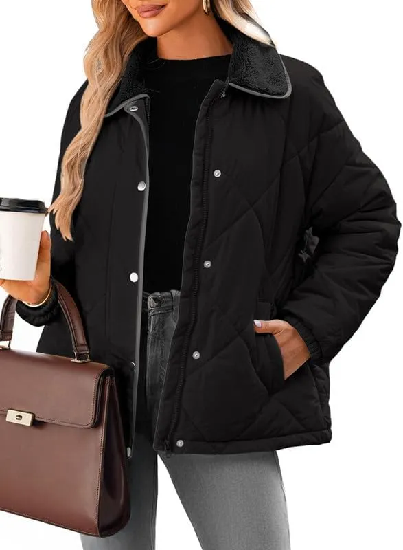 Dokotoo Women's Winter Casual Quilted Jackets Long Sleeve Button Down Puffer Jacket Padded Outerwear Coats