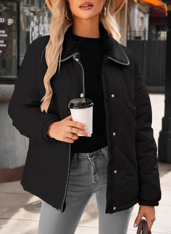 Dokotoo Women's Winter Casual Quilted Jackets Long Sleeve Button Down Puffer Jacket Padded Outerwear Coats