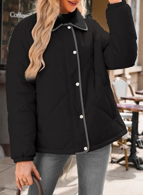 Dokotoo Women's Winter Casual Quilted Jackets Long Sleeve Button Down Puffer Jacket Padded Outerwear Coats