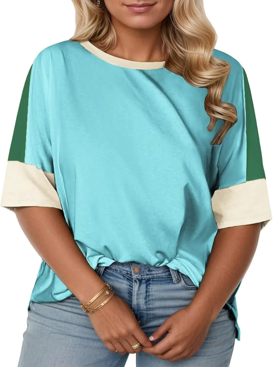 DOLNINE Plus-Size-Tops for Women Summer Color Block Shirts Casual Crewneck Tees Trendy Going Out Side Split Tunics XL-5XL