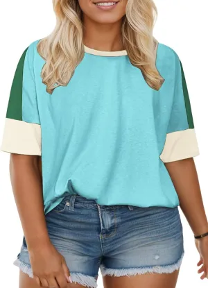 DOLNINE Plus-Size-Tops for Women Summer Color Block Shirts Casual Crewneck Tees Trendy Going Out Side Split Tunics XL-5XL