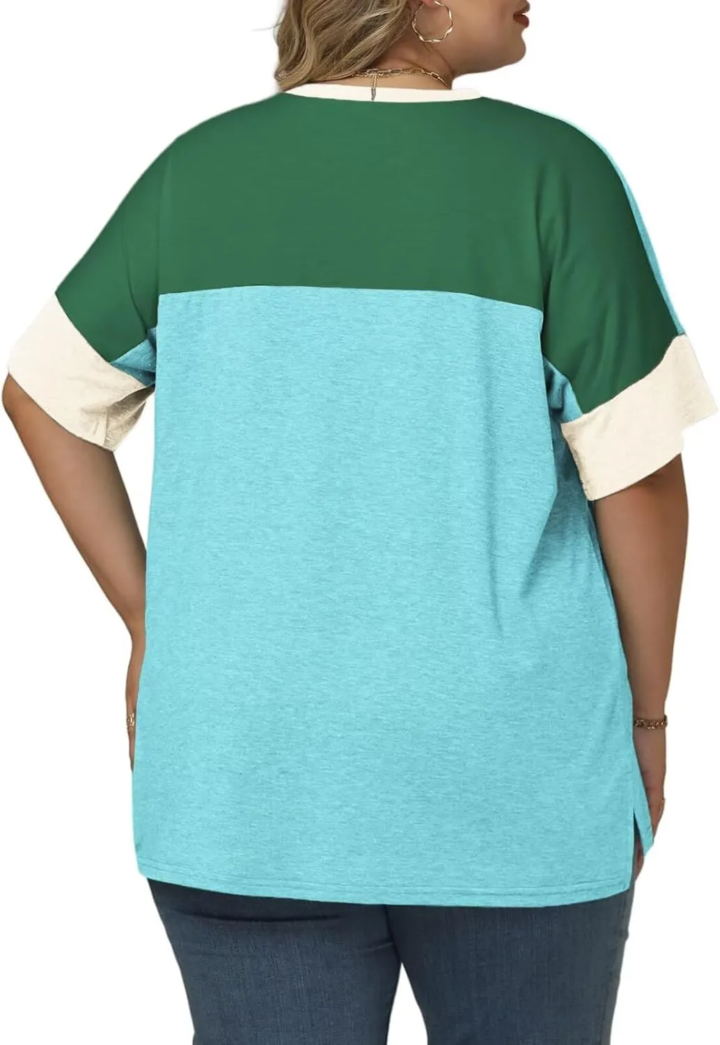 DOLNINE Plus-Size-Tops for Women Summer Color Block Shirts Casual Crewneck Tees Trendy Going Out Side Split Tunics XL-5XL