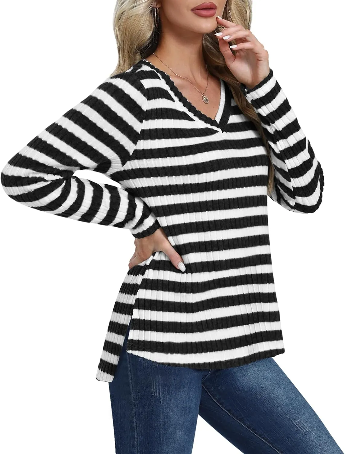 DouBCQ Womens Long Sleeve Shirts Casual V Neck Tunic Tops Fashion Loose Fall Sweaters