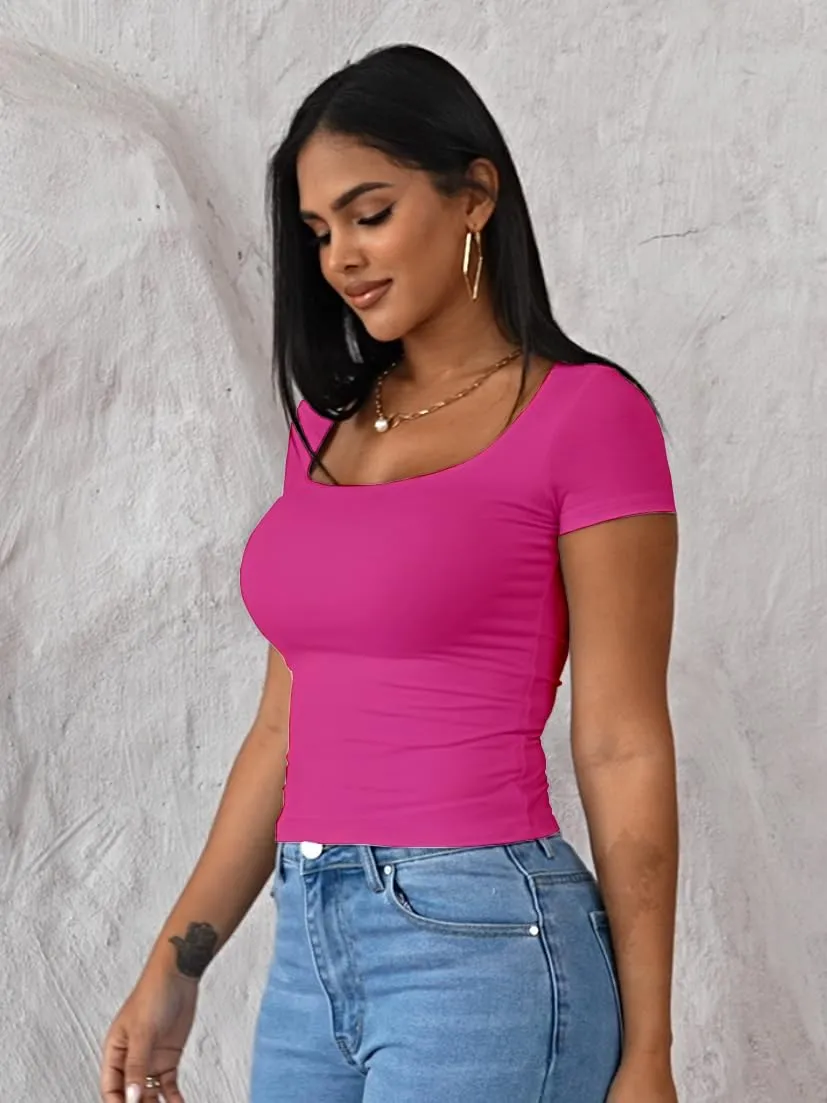 Dwnval Womens Sexy Short Sleeve Square Neck Tops Double Lined Basic Slim Fit Crop T Shirt 2025 Summer