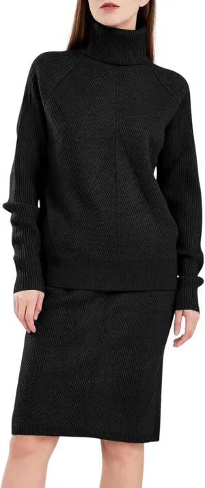 ebossy Women's Turtleneck Cable Knit Sweaters 2 Piece Outfits Knee Length Bodycon Pencil Skirt Sets