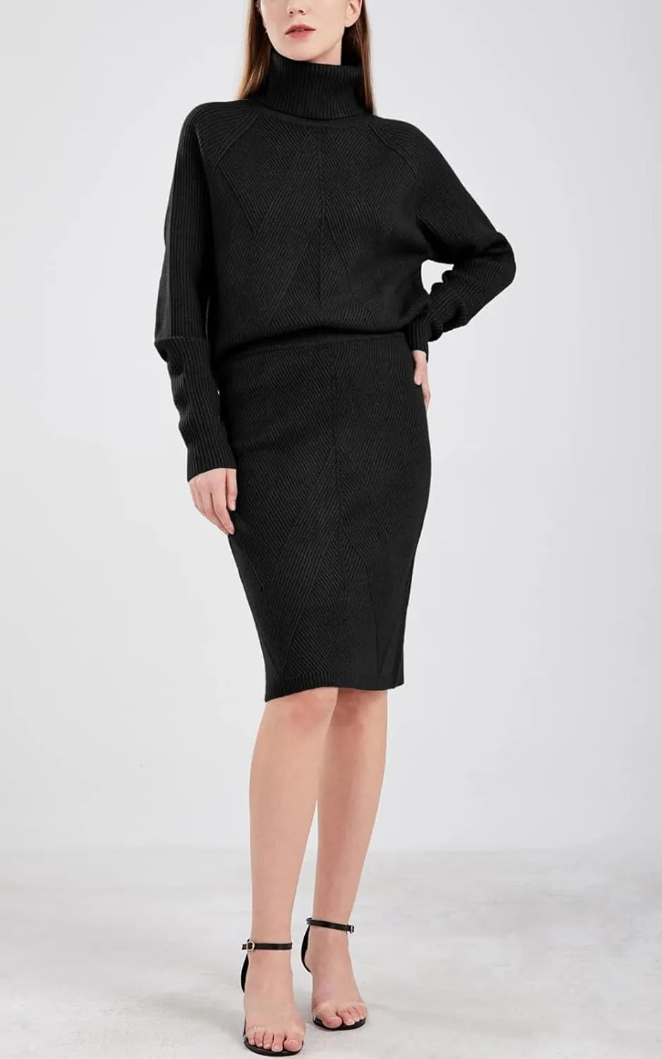 ebossy Women's Turtleneck Cable Knit Sweaters 2 Piece Outfits Knee Length Bodycon Pencil Skirt Sets