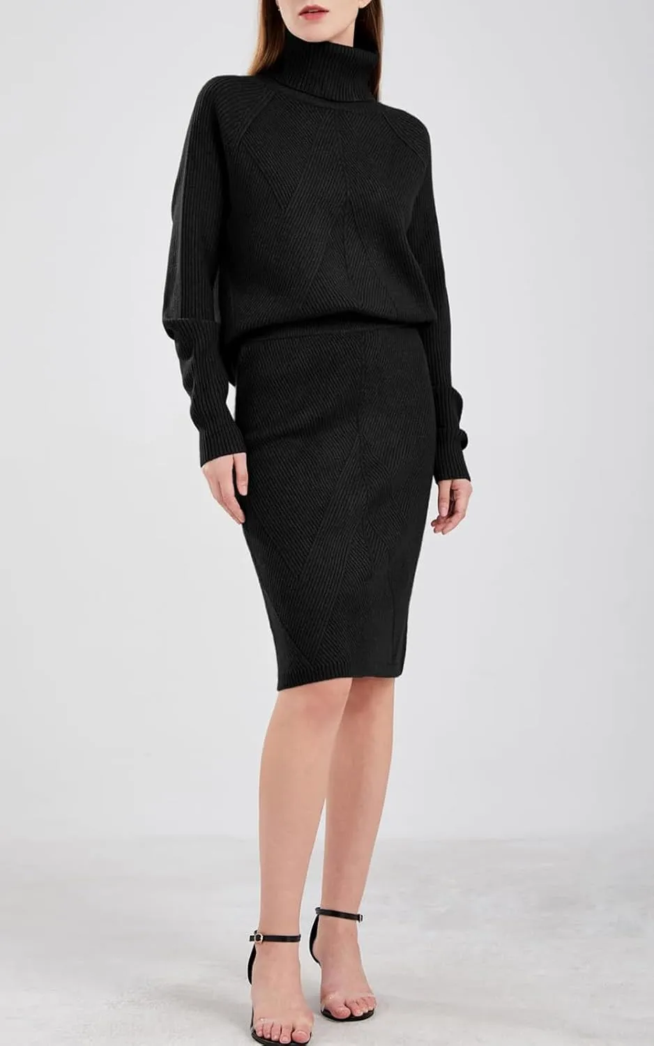 ebossy Women's Turtleneck Cable Knit Sweaters 2 Piece Outfits Knee Length Bodycon Pencil Skirt Sets