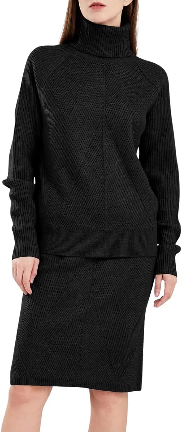 ebossy Women's Turtleneck Cable Knit Sweaters 2 Piece Outfits Knee Length Bodycon Pencil Skirt Sets