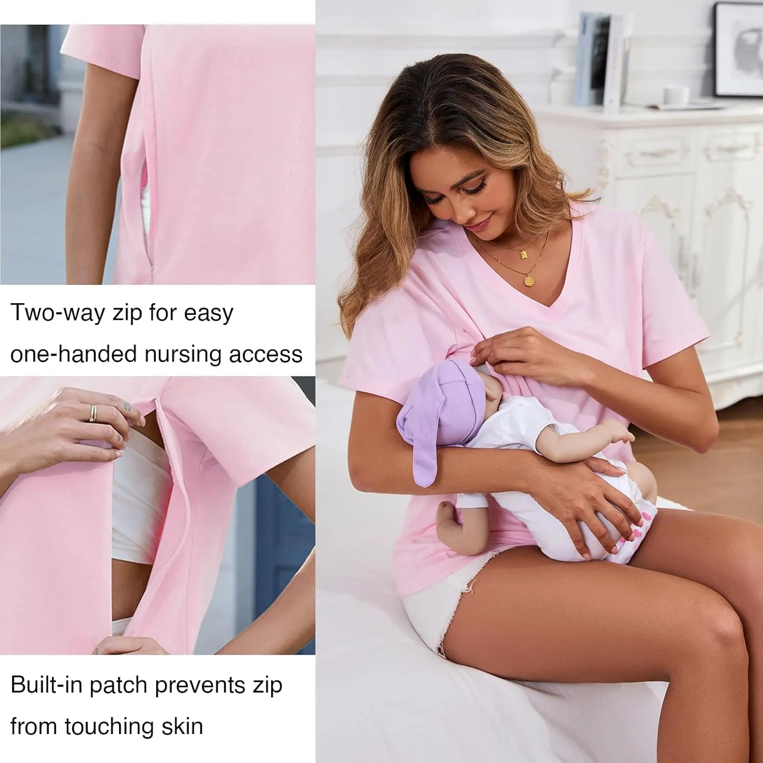 Ecavus Women's Nursing Shirts 3-Pack V Neck Breastfeeding Shirts with Hidden Zipper Short Sleeve Loose Fit Nursing Tops