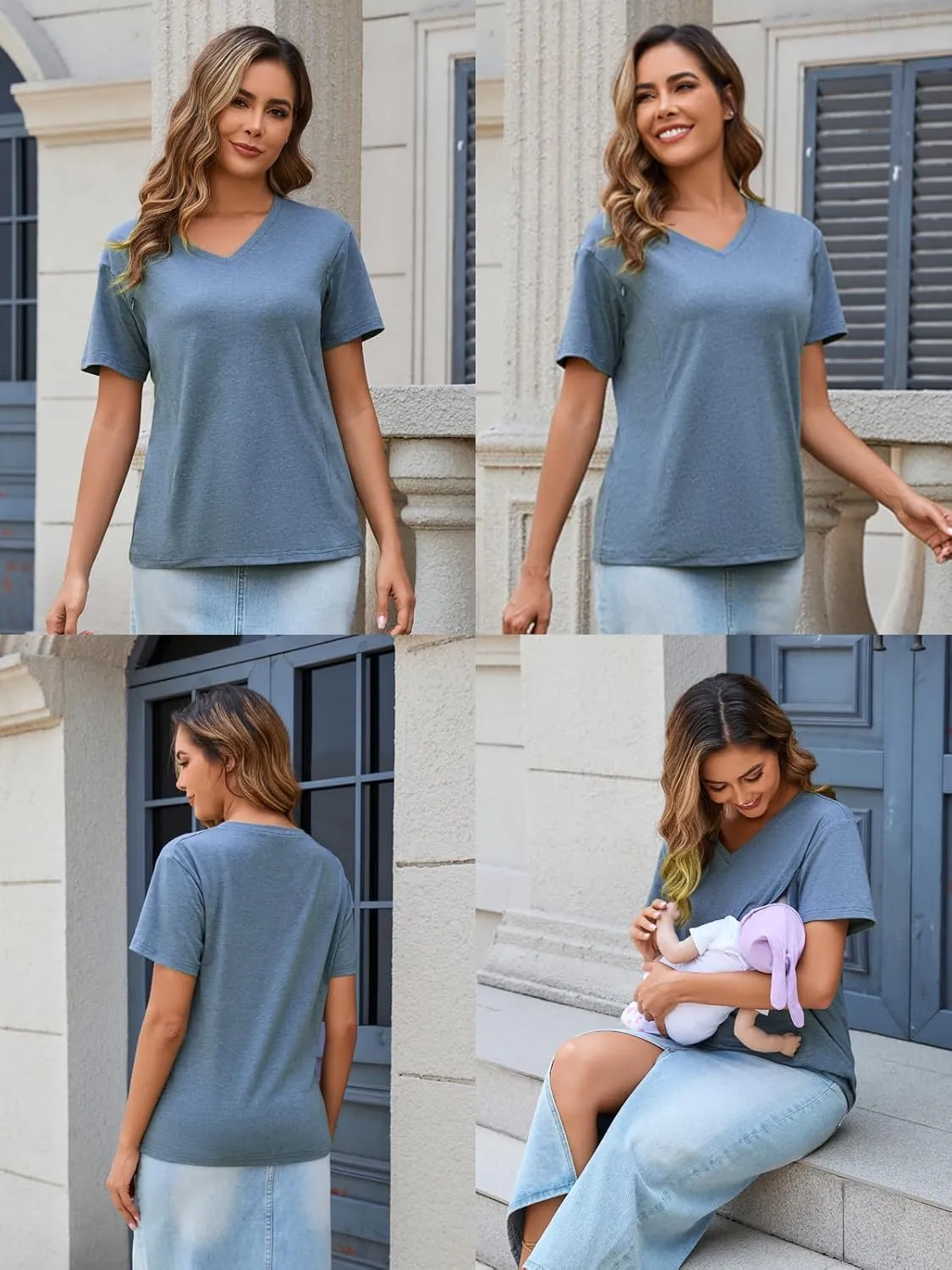 Ecavus Women's Nursing Shirts 3-Pack V Neck Breastfeeding Shirts with Hidden Zipper Short Sleeve Loose Fit Nursing Tops