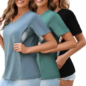 Ecavus Women's Nursing Shirts 3-Pack V Neck Breastfeeding Shirts with Hidden Zipper Short Sleeve Loose Fit Nursing Tops