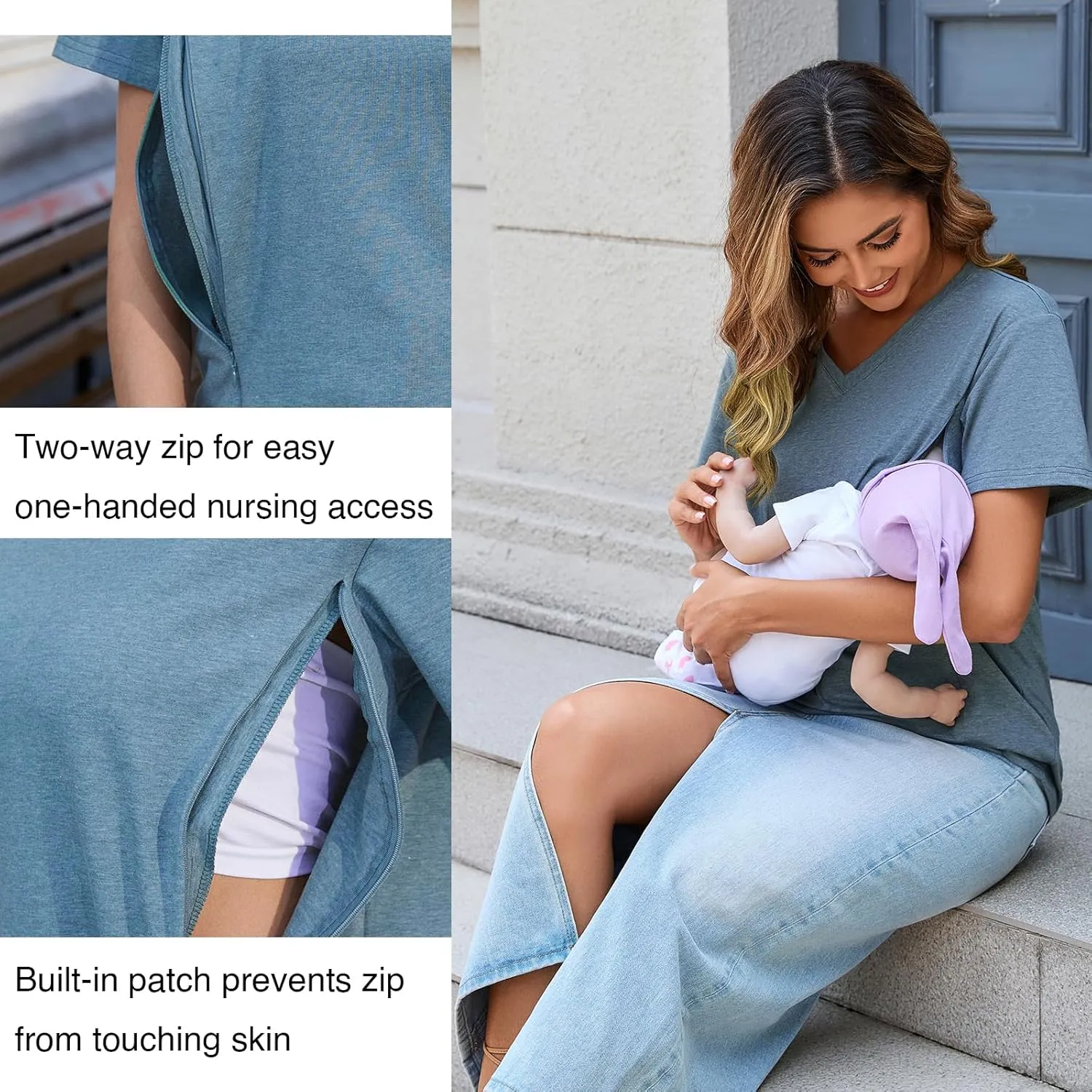 Ecavus Women's Nursing Shirts 3-Pack V Neck Breastfeeding Shirts with Hidden Zipper Short Sleeve Loose Fit Nursing Tops
