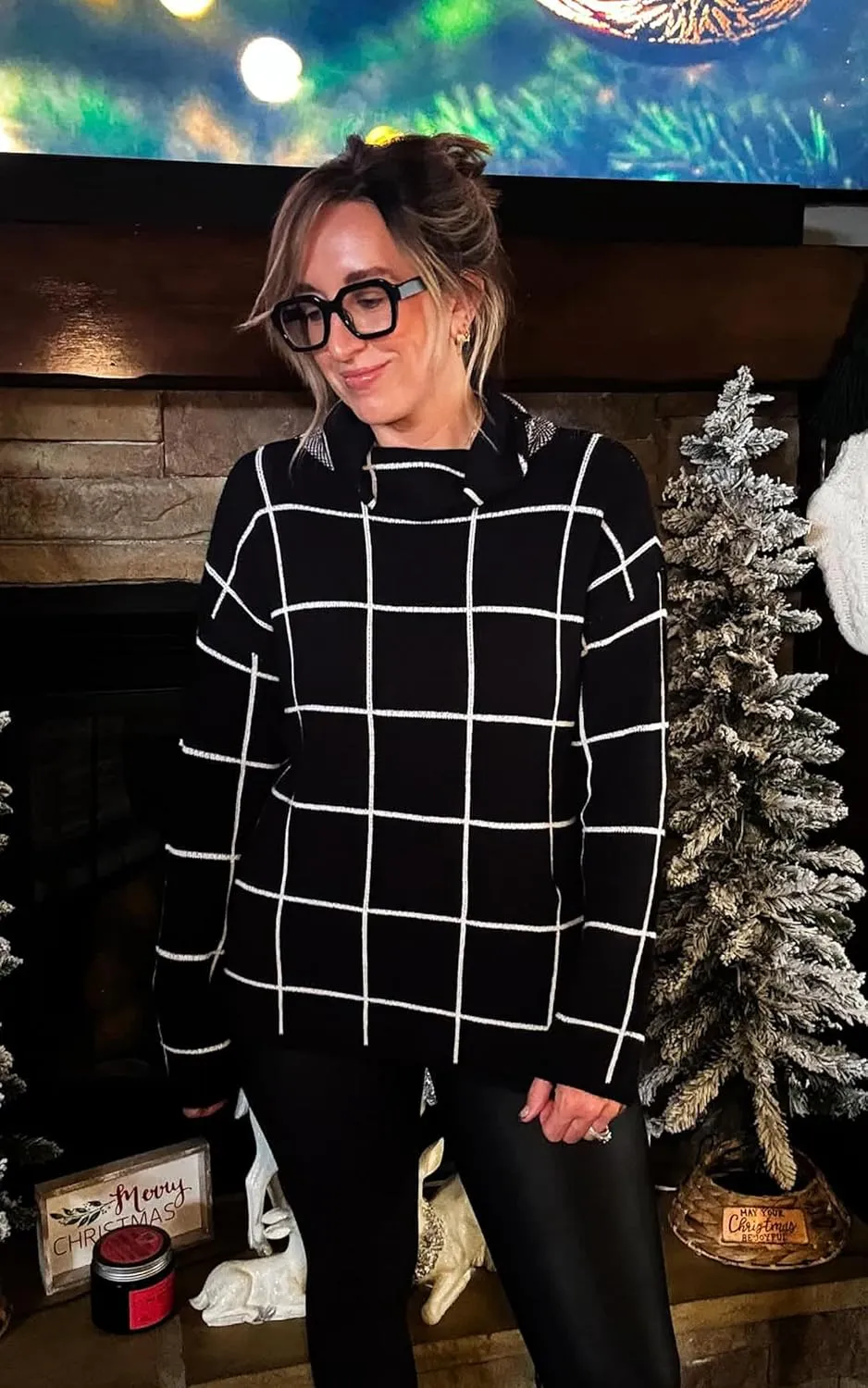 ECOWISH Women Fall Pullover Sweater Turtleneck Plaid Long Sleeve Loose Casual Chunky Checked Knit Winter Sweaters Jumper Tops