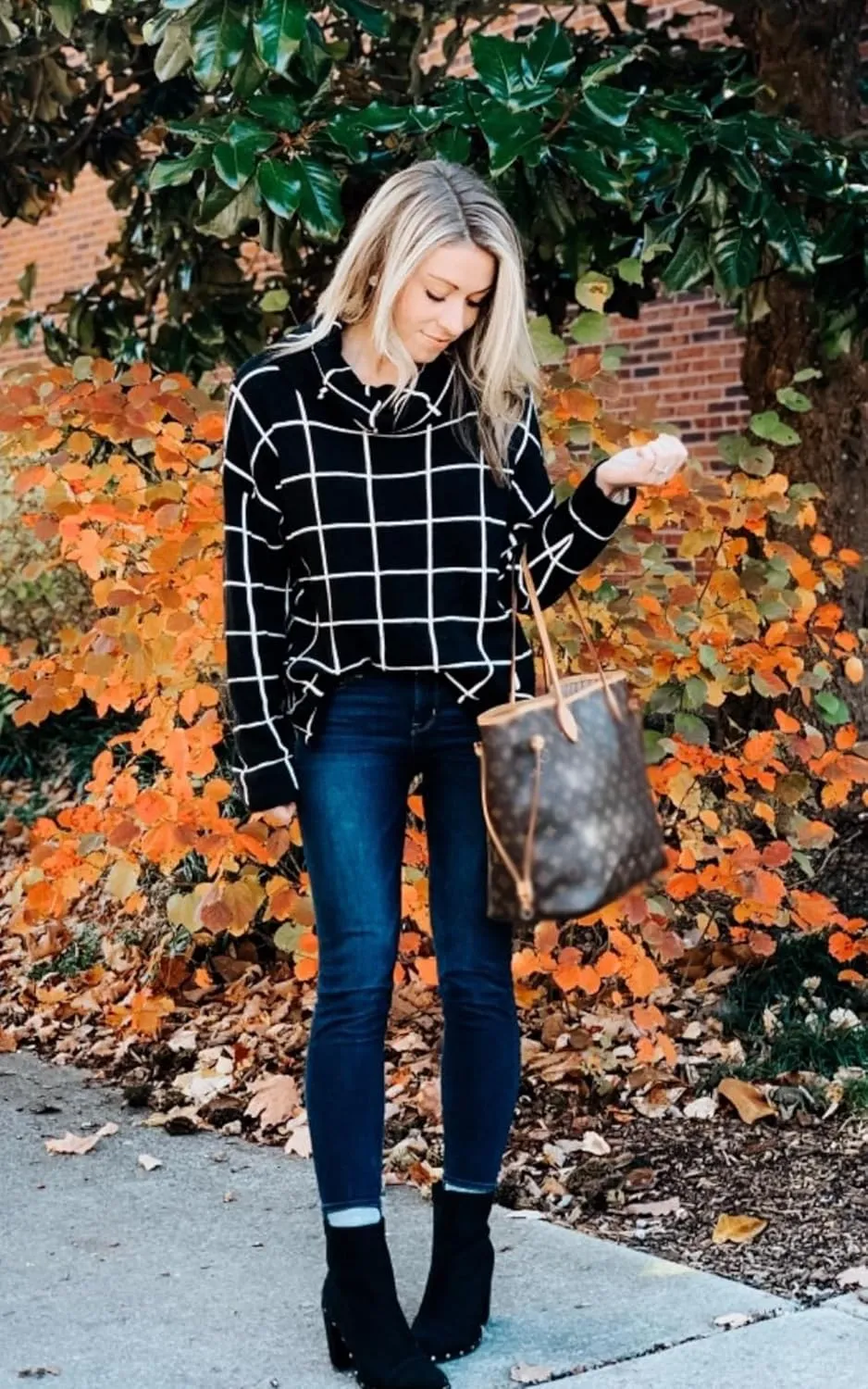 ECOWISH Women Fall Pullover Sweater Turtleneck Plaid Long Sleeve Loose Casual Chunky Checked Knit Winter Sweaters Jumper Tops
