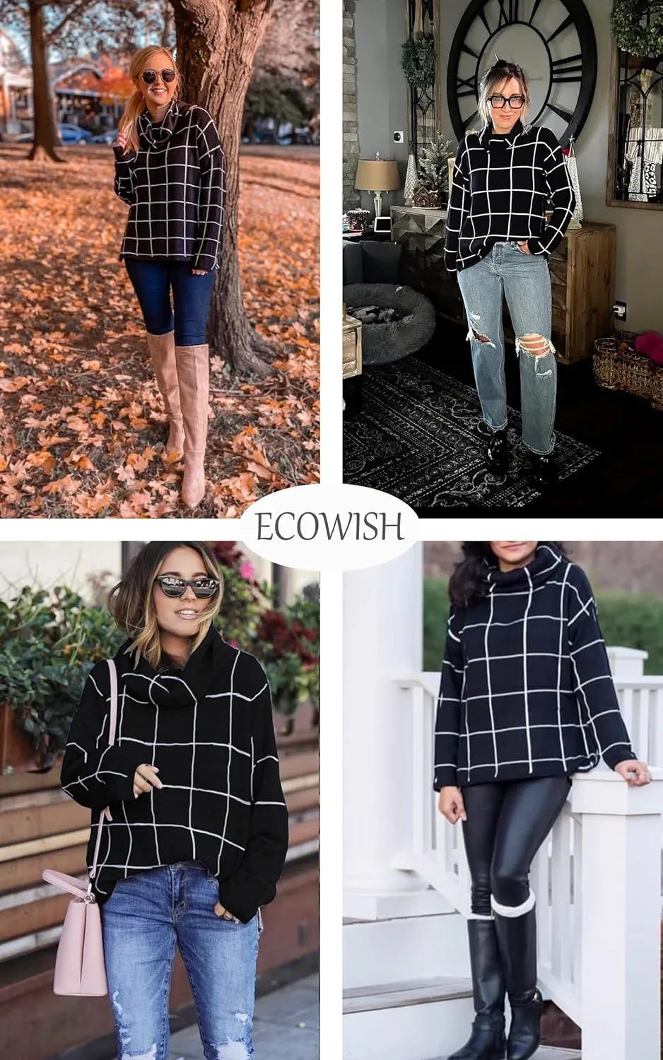 ECOWISH Women Fall Pullover Sweater Turtleneck Plaid Long Sleeve Loose Casual Chunky Checked Knit Winter Sweaters Jumper Tops