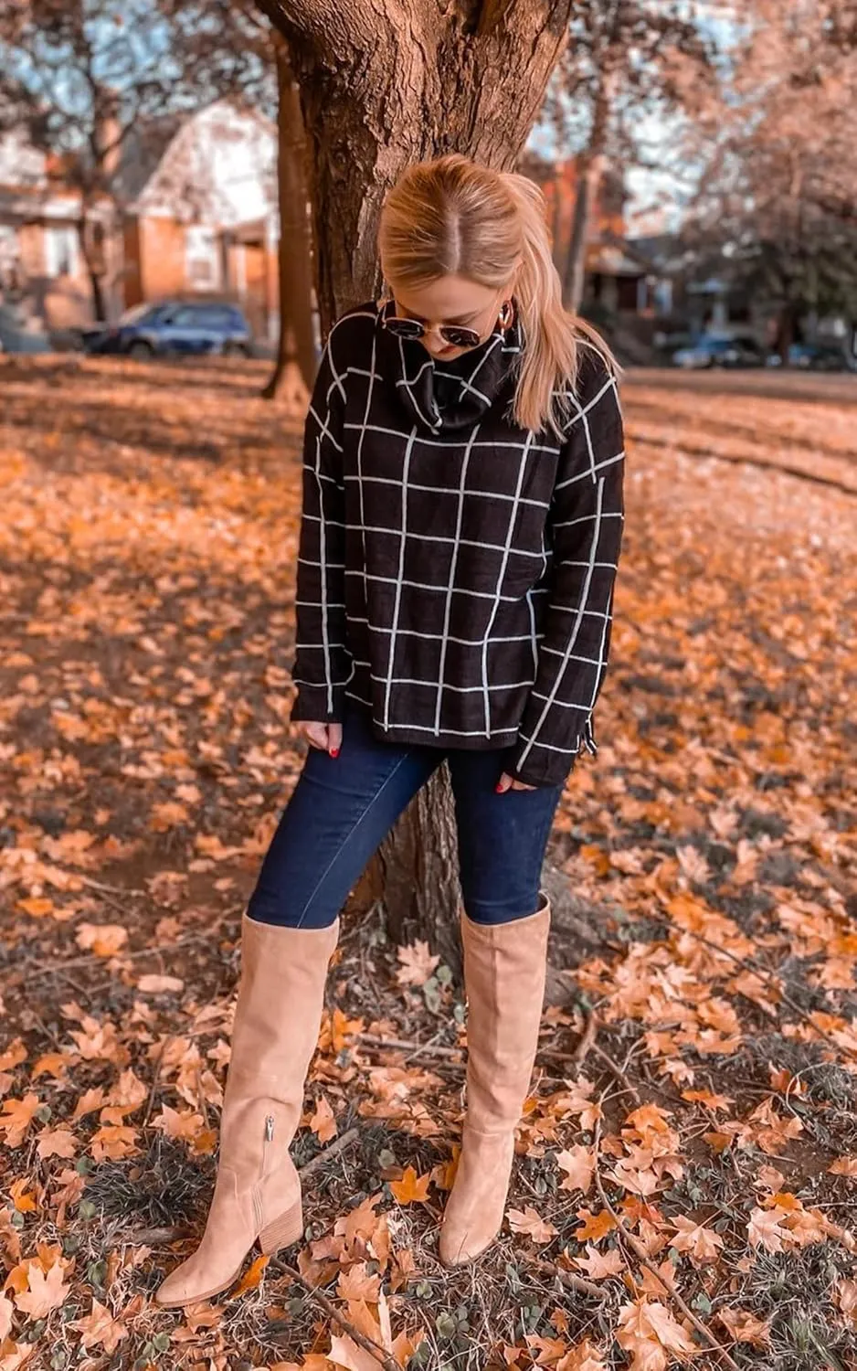 ECOWISH Women Fall Pullover Sweater Turtleneck Plaid Long Sleeve Loose Casual Chunky Checked Knit Winter Sweaters Jumper Tops