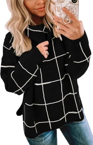 ECOWISH Women Fall Pullover Sweater Turtleneck Plaid Long Sleeve Loose Casual Chunky Checked Knit Winter Sweaters Jumper Tops
