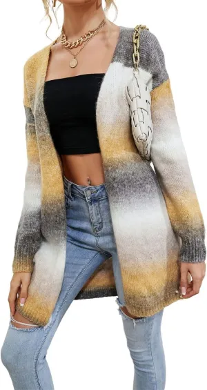 ELFTOWN Women's Rainbow Knit Open Front Cardigan Sweater Long Sleeve Tie Dye Long Crochet Kimono Coat Outwear