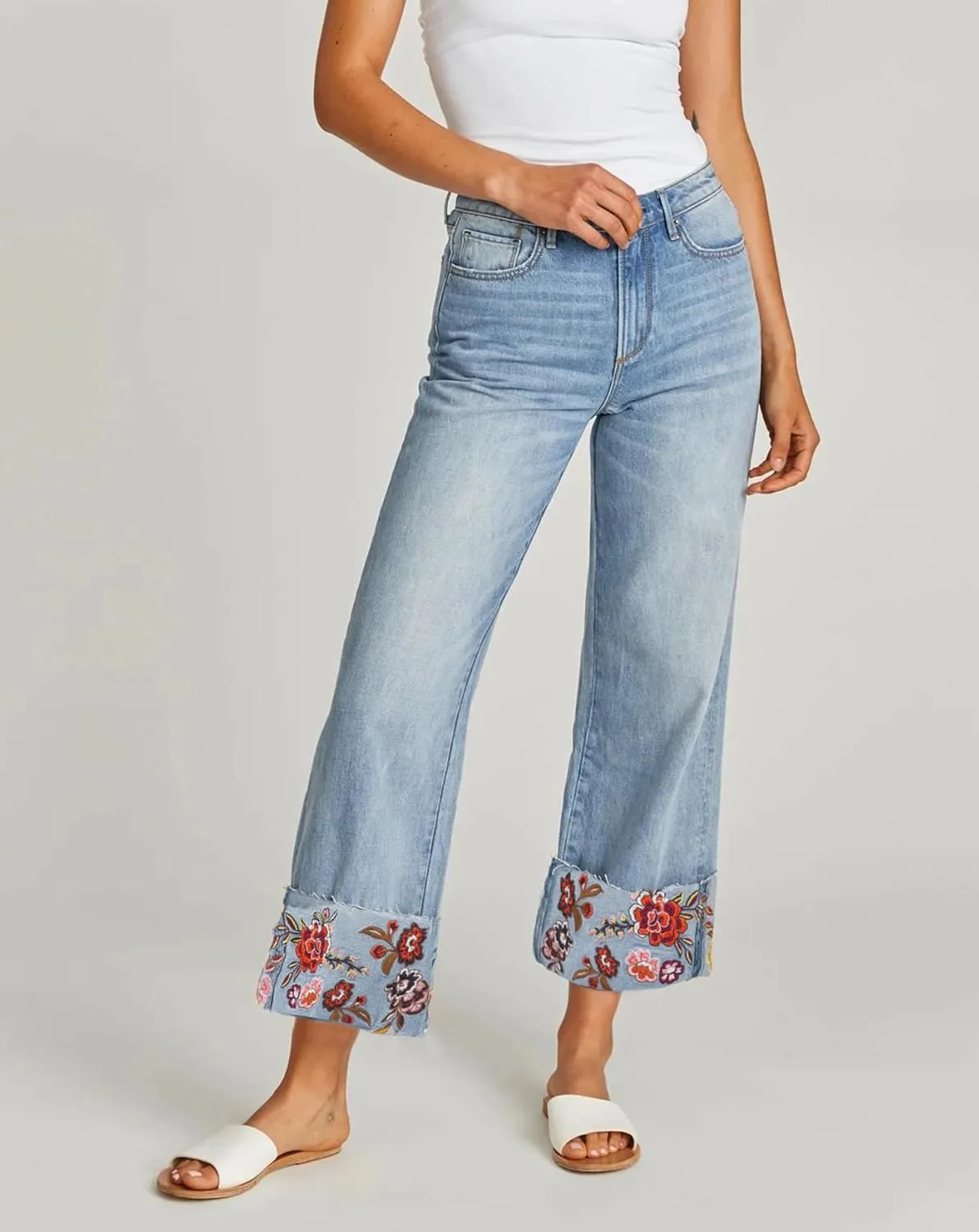 Embroidered Jeans for Women Floral Mid Rise Wide Leg Jeans Baggy Cuffed Flower Stretch Denim Pants