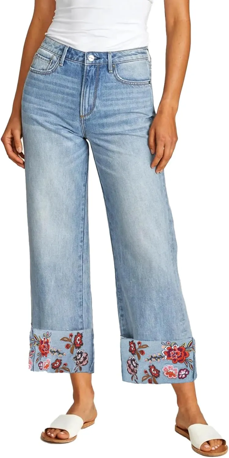 Embroidered Jeans for Women Floral Mid Rise Wide Leg Jeans Baggy Cuffed Flower Stretch Denim Pants