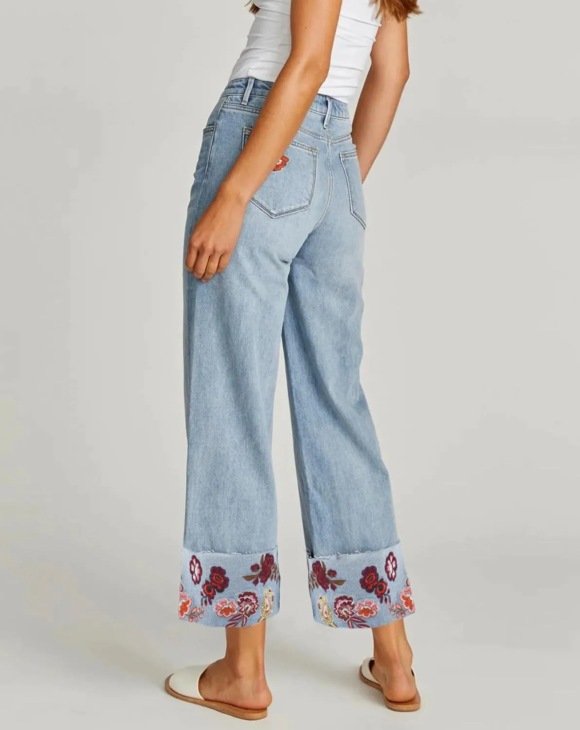Embroidered Jeans for Women Floral Mid Rise Wide Leg Jeans Baggy Cuffed Flower Stretch Denim Pants