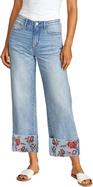 Embroidered Jeans for Women Floral Mid Rise Wide Leg Jeans Baggy Cuffed Flower Stretch Denim Pants